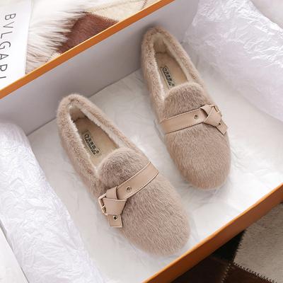 Fashion Mink Fur Moccasins Femme Bow-knot Belt Buckle Fleeces Flats Woman Winter Shoes Women Sneakers Warm Plush Loafers Big Size 34-43