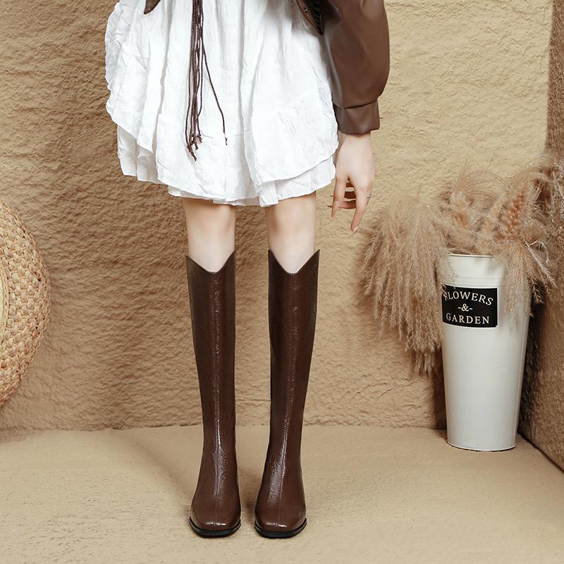 High-heeled Boots Women's 2025 New Autumn and Winter Thin But Knee Boots Thick Heel Brown V-mouth Square Head High Boots