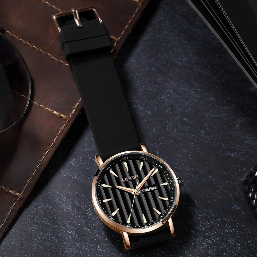 MEGIR Luxury Big Dial Watch for Men Silicone Strap Quartz Sport Wristwatch Waterproof Week Date Display Clock Reloj Hombre 1081