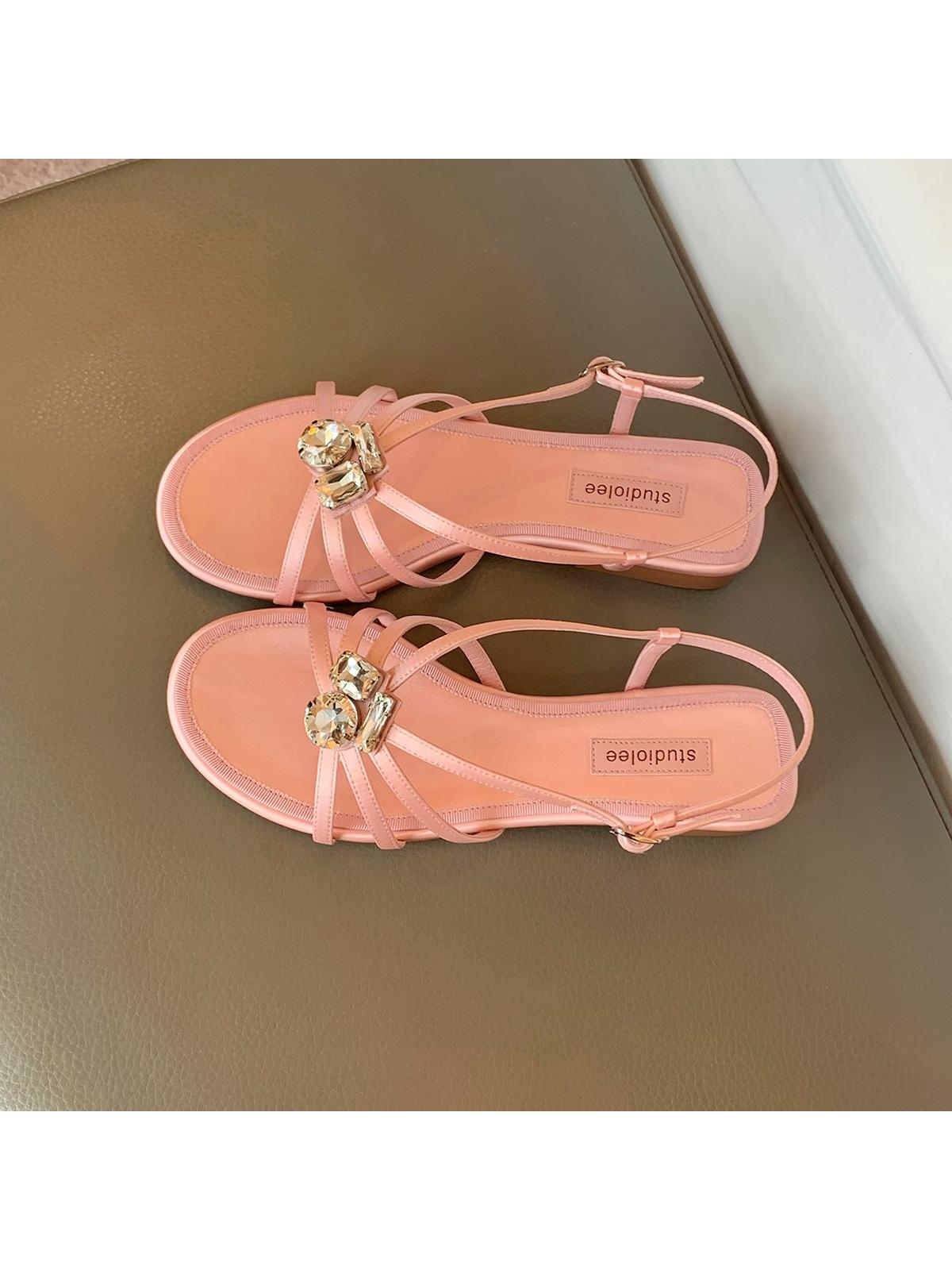 

Sheepskin version~ gemstone rhinestone buckle satin strap flat sandals women s summer leather Roman cool slippers pig cage shoes 40