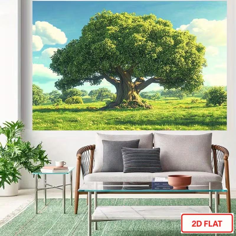 2D Whimsical Green Tree and Blue Sky Backdrop Photography Background Banner
