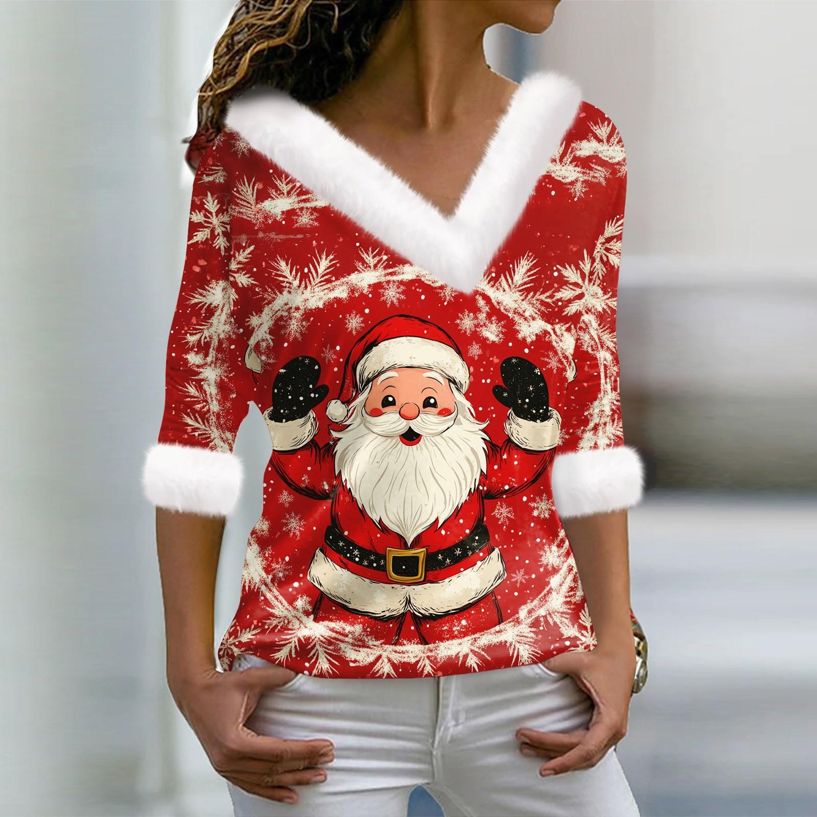 

Женская футболка с рождественским принтом, длинный рукав, флисовый воротник, V-образный вырез, футболка XXL киноварь