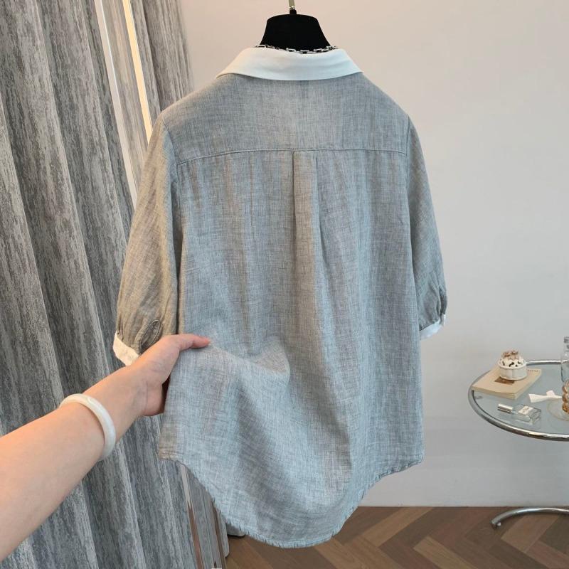 Lapel Contrast Color Quarter Sleeve Shirt Women's Retro Versatile Commuting Casual Loose Top