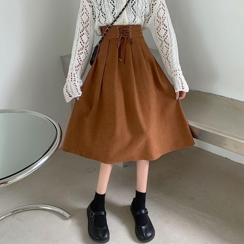 Niche Waist-Tied Women's Autumn Winter Long Midi Skirt A-Line Slim-Fitting Flared Skirt