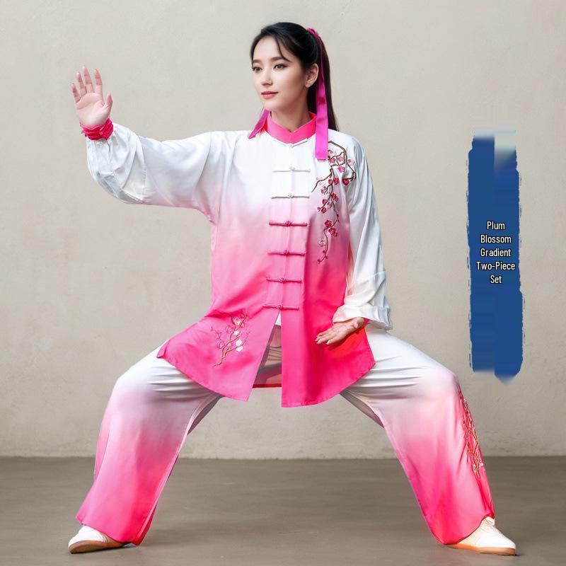 Blue & White Porcelain Gradient Tai Chi Suit: Embroidered Performance & Practice Attire for Women & Men.
