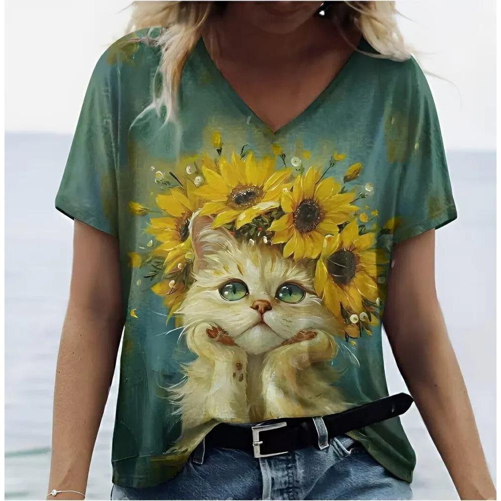 Summer V-neck Funny Cat Pattern 3D Printed Top Fashionable Casual Short Sleeved Women's T-shirts