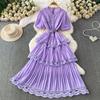 Commuter Retro Lace Splicing Round Neck Bubble Sleeve Dress Women's Autumn and Winter Thin Temperament Cake Ruffle Edge Dress