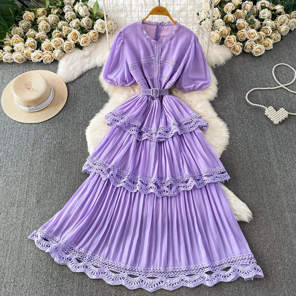 Commuter Retro Lace Splicing Round Neck Bubble Sleeve Dress Women's Autumn and Winter Thin Temperament Cake Ruffle Edge Dress
