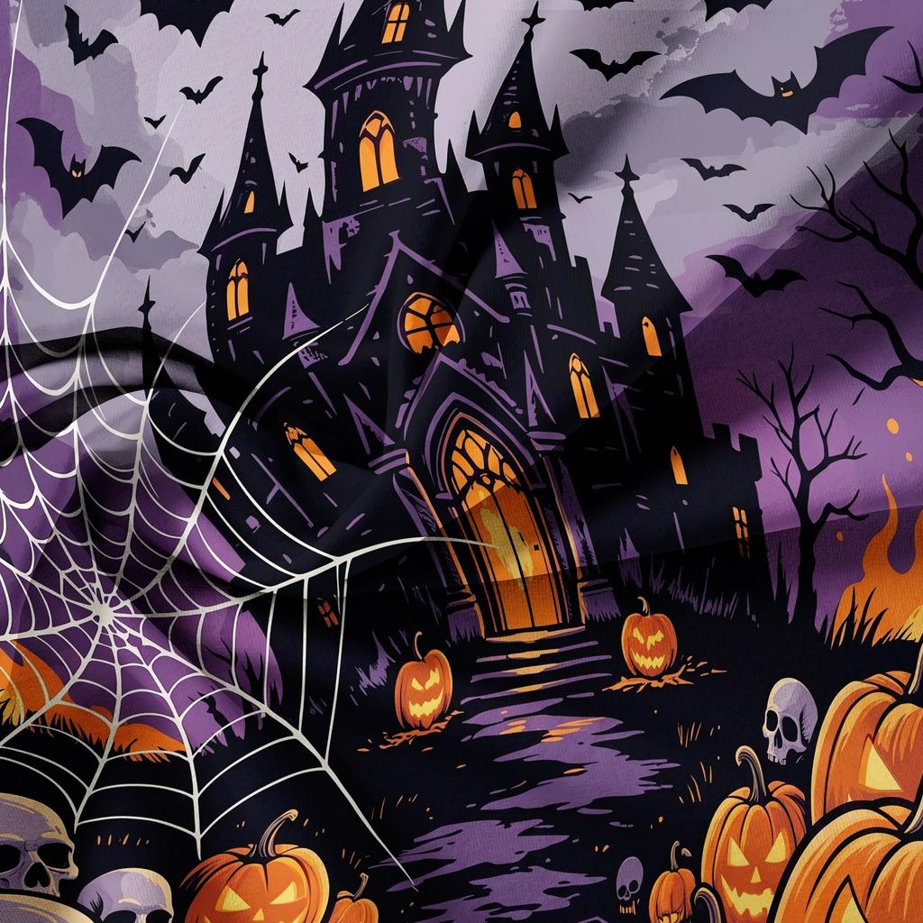 Set di 3 Pezzi Biancheria da Letto Gotica di Halloween Copripiumino, Stampa Viola Spettrale Castello Infestato Zucca Teschio Ragnatela Pipistrello