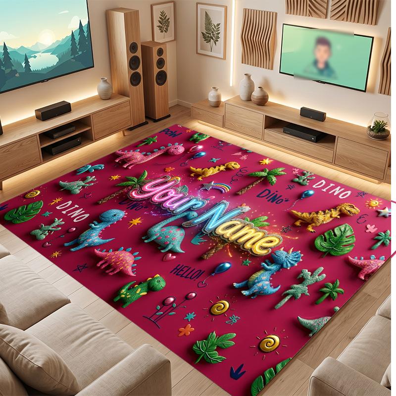 Dinosaur Theme Soft Crystal Velvet Rug Custom Name & Text Print Non Slip Floor Rug for Bedroom Living Room