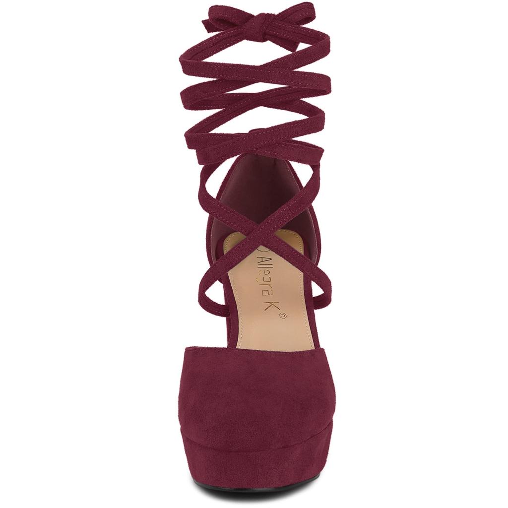 Allegra K Women's Lace-Up Pumps Sandals with Platform Straps and Chunky Heels, Wine Red, Size 23.0cm