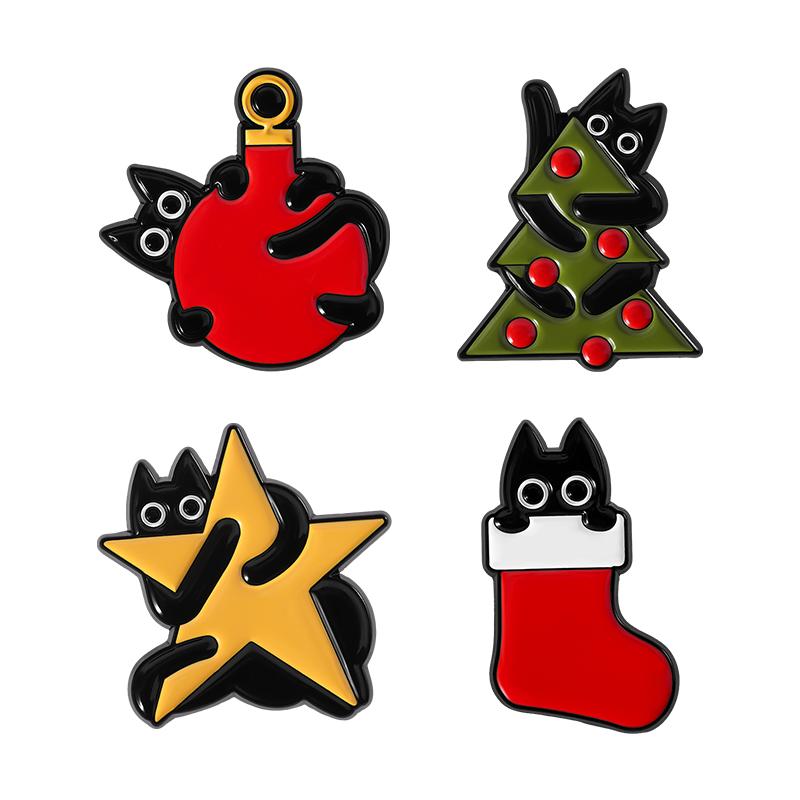 Black Cat Christmas Tree Enamel Pin Xmas Stocking Star Cute Animal Holiday Kitten Brooches Lapel Badge Jewelry Gifts for Friends