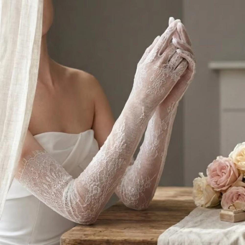 Elbow Length Sheer Lace Bridal Gloves Long Prom Glove Tulle Gloves  Bride Dinner Party Evening
