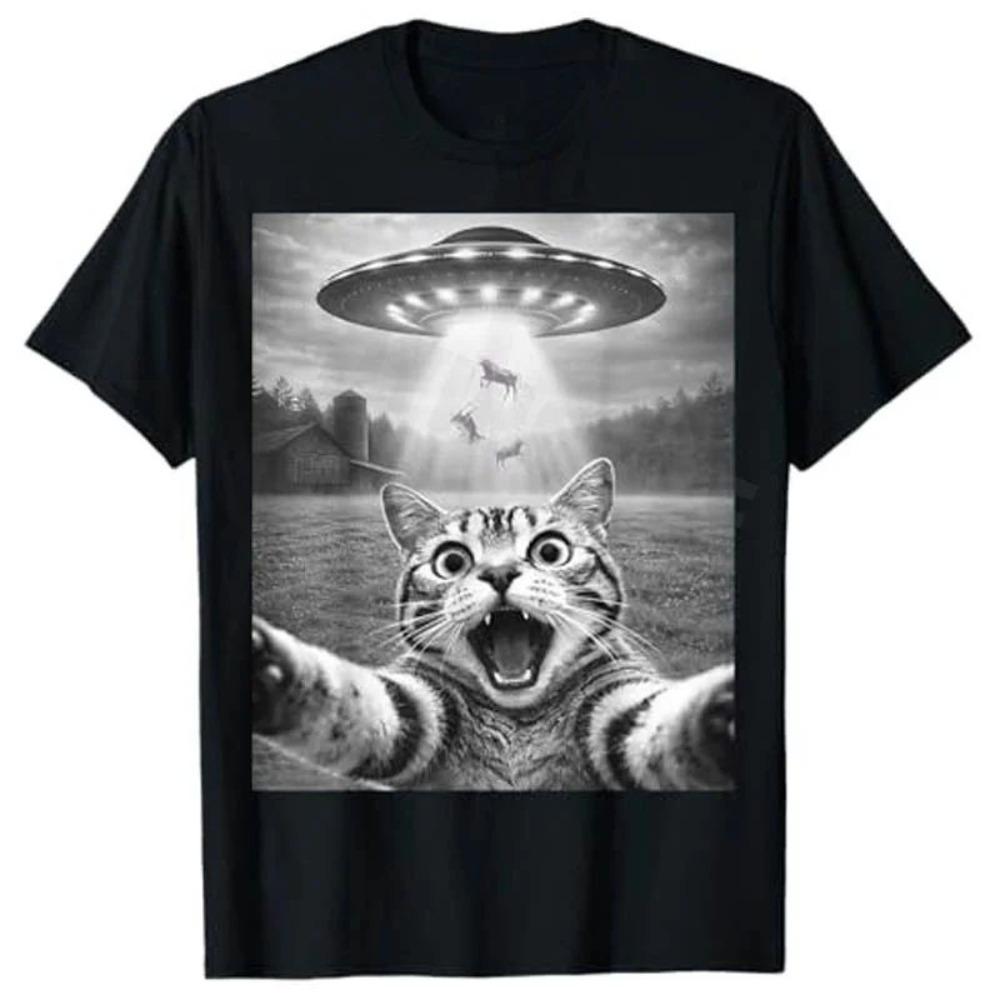 2026 Summer Hot Sale Highquality Unisexs Funny Cat Selfie With Ufo Print Tshirt Casual Streetwear Short Sleeve High Quality Tops