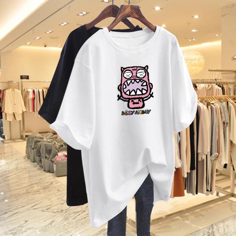 Women's Retro Cartoon Print Loose T-Shirt - Mid-Length, Round Neck, Short Sleeve, Oversized Summer Top