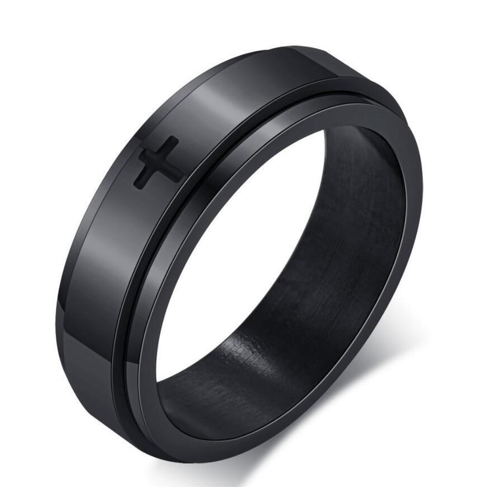 Stainless Steel Laser Engraved Rotating Cross Ring Black Mens Ring