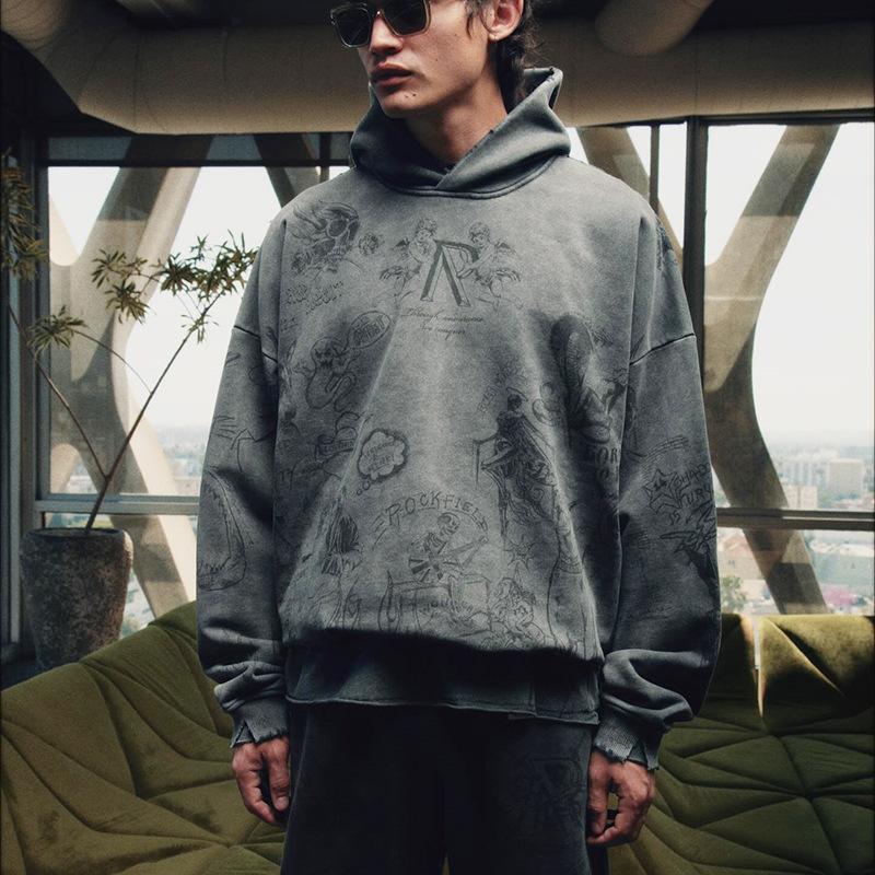 EastRogue Angelic Viper Hunter Auto-Print Amerikanische High Street Gewaschenes und Distressed Kapuzensweatshirt für Herren und Damen