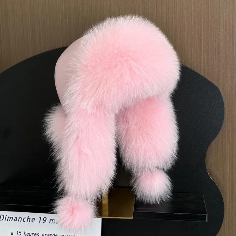 Women's ear-protecting fox fur hat fashion Luxurious real fox fur bomber hat Girls winter outdoor soft sheepskin leather hat