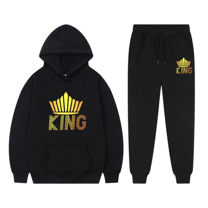Long Sleeved Tracksuit QUEEN KING Print Lover Couple Outfits Fleece Hoodie Sweatpants Oversized Sweatshirt Pants Suit Men Clothe