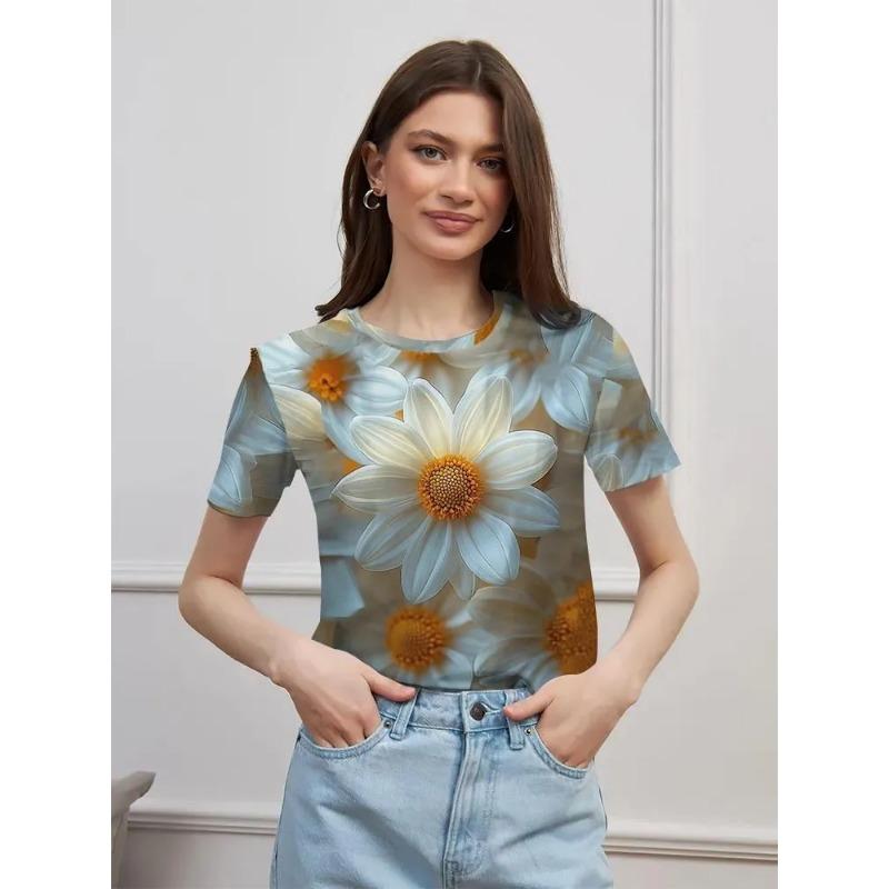 Women's Summer Round Neck Short Sleeved T-shirt Paired with 3D Floral Print Casual Top Breathable and Machine Washable Suitable for Outdoor Daily Wear