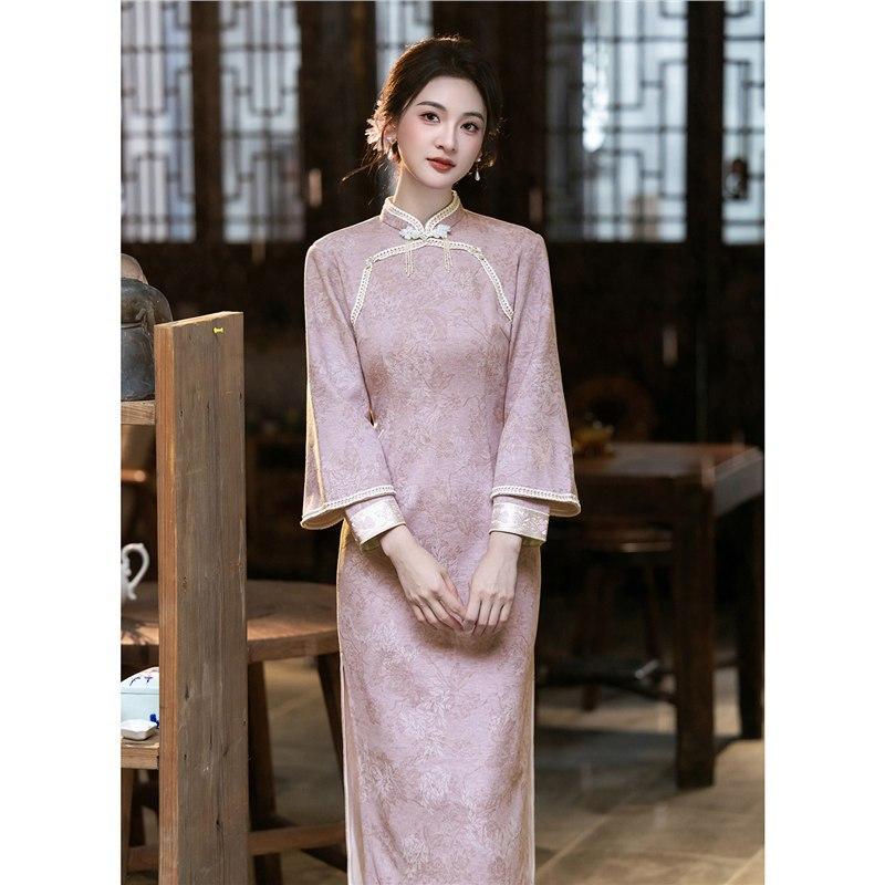 Pink Autumn and Winter New Chinese Style New 1011 Particularly Beautiful Waist Cheongsam Women's Atmospheric Sheep Velvet Double-sided Printing