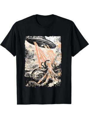 MenS Vintage Alien Octopus UFO Extraterrestrial Graphic TShirt  Retro Flying Saucer  Cthulhu Design