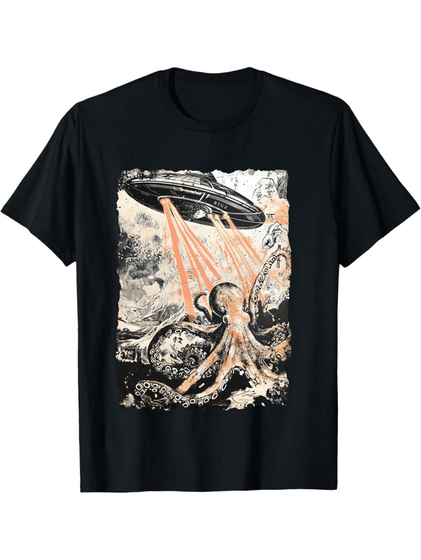 Мужская винтажная футболка с графическим принтом Инопланетный Осьминог НЛО Внеземной  Ретро Летающая Тарелка  Дизайн Ктулху S