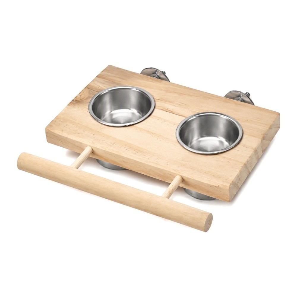 Double Bowl Bird Feeder Accessory Wooden Perch Stainless Steel Food Cup  For Parakeets
