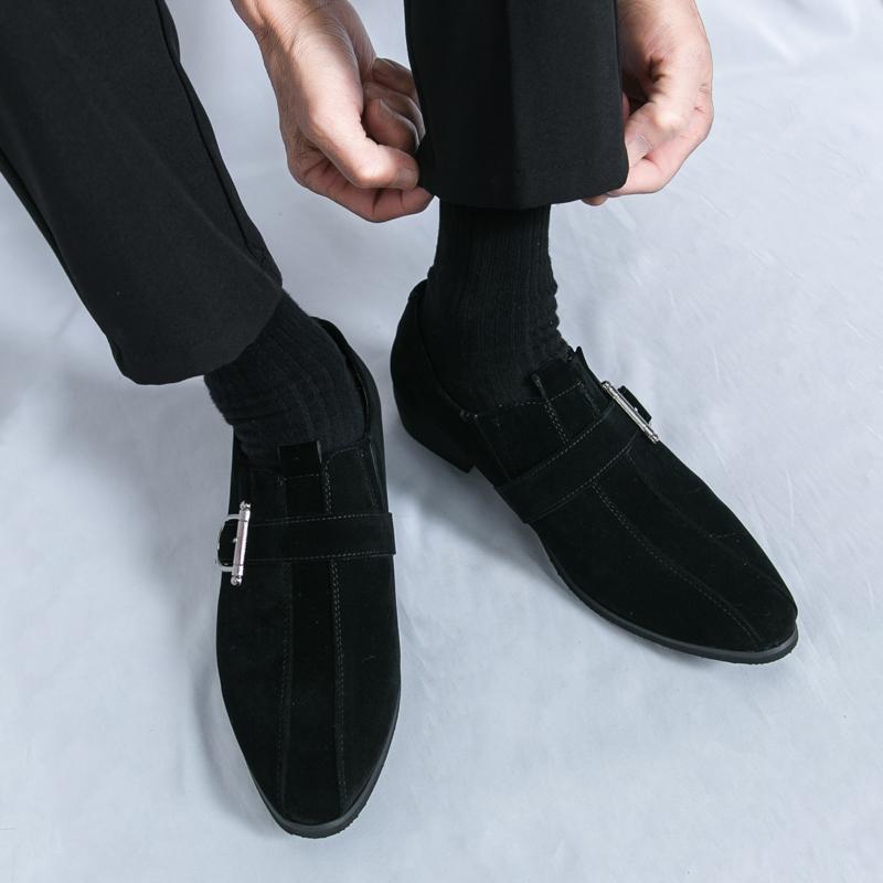 Fashion Brand Men's Pointed Suede Loafers Fashionable Korean Style Slip-on  Buckle Leather Shoes Commuting Business Casual Leather Shoes
