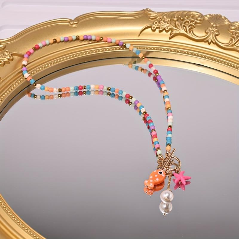 Bohemian Sea-Inspired Pendant Necklace Ceramic Fish Starfish Design Dainty Summer Jewelry for Women Beach Vacation Wear