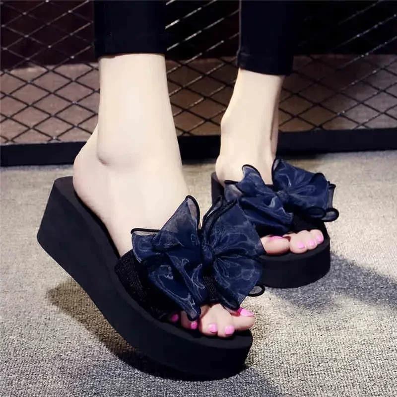 Fashion Chic Black Platform Flip - Flops with Mesh Pink Bow - Ideal for Summer Beach & Casual Outings