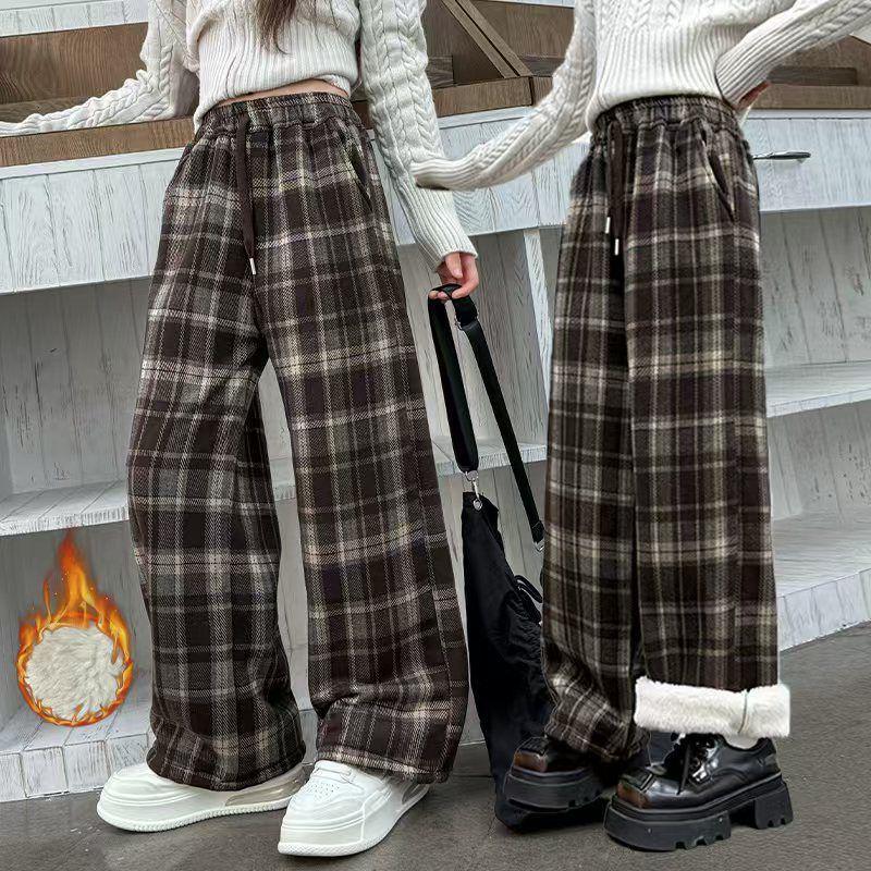 2025 Autumn/Winter Girls' Fashion Plaid Wide-Leg Barrel Pants - Stylish Casual Trousers for Kids