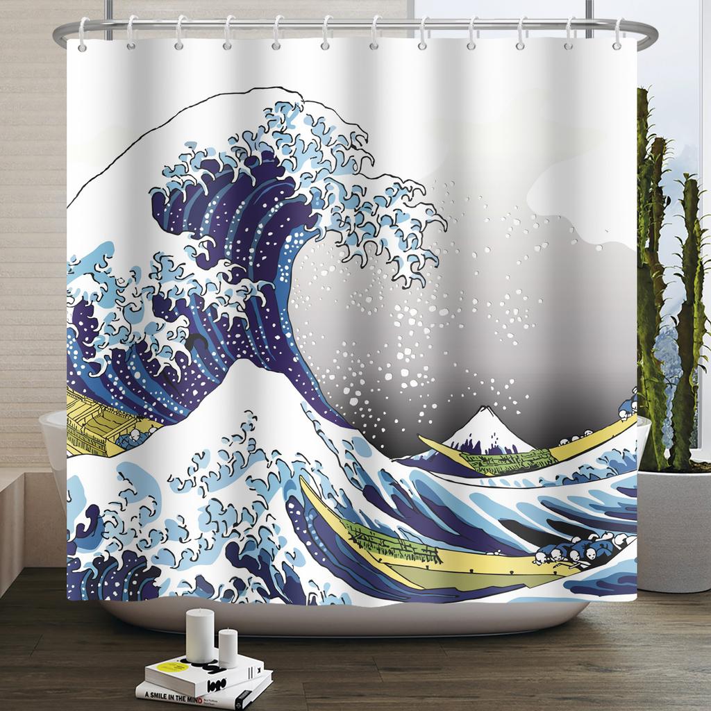 Japanese Ukiyo-e Shower Curtain The Great Wave of Kanagawa Mount Fuji Cherry Waterproof Shower Curtain for Bathroom Bathtub Deco