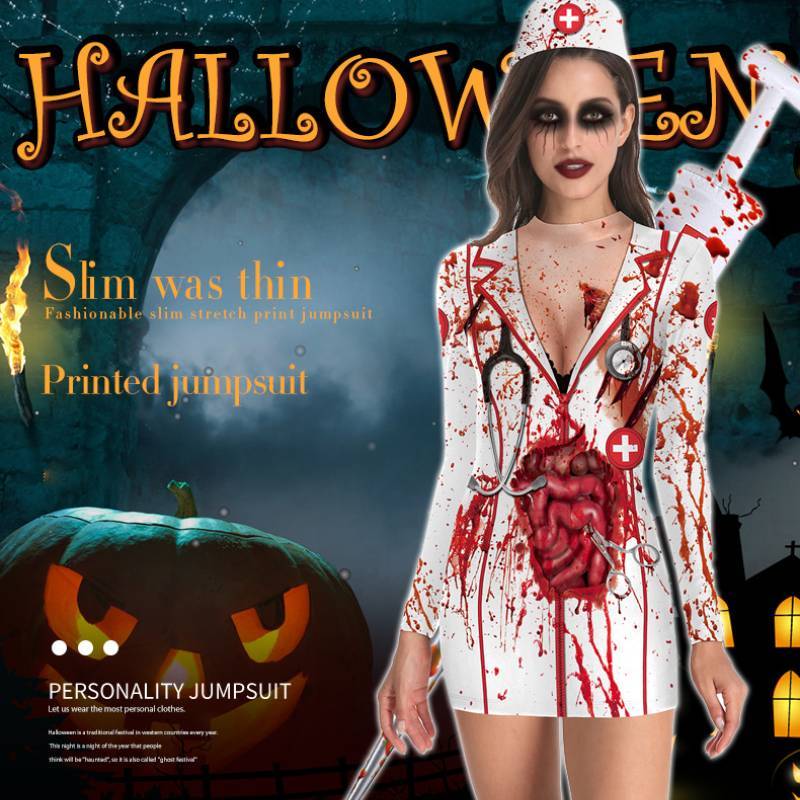 Halloween Nurse Costume Dress With Printed Pattern For Cosplay Parties