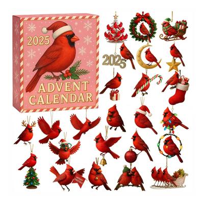 Red Bird Christmas Countdown 2025 24 Days Acrylic Bird Ornaments with Hooks