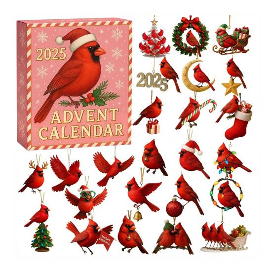 Red Bird Christmas Countdown 2025 24 Days Acrylic Bird Ornaments with Hooks Festive Holiday Decor for Tree & Shelf Unique Gift