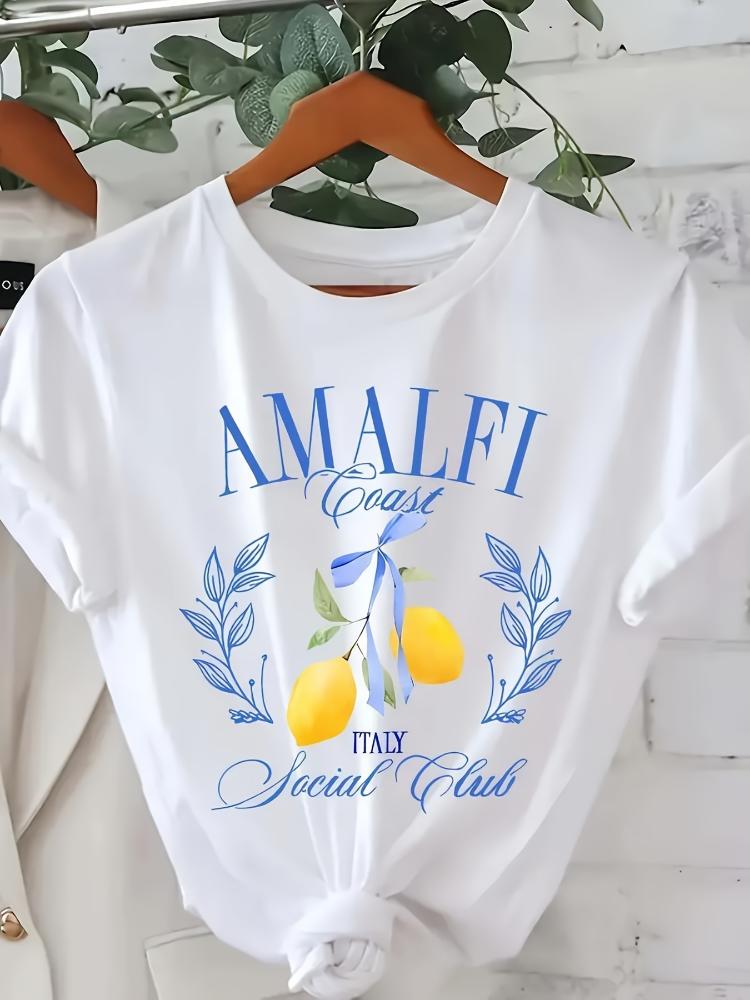 

Lemon Print Tshirt Short Sleeve Crew Neck Casual Top For Summer Spring Womens Clothing S