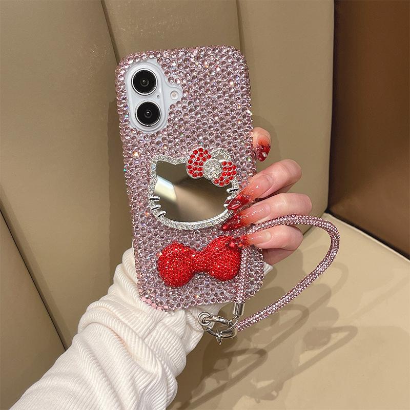 Rhinestone Kt Cat Mirror Premium Sense Mobile Phone Case for Iphone16Promax Bow Tie Apple 17 Lanyard Women's Model