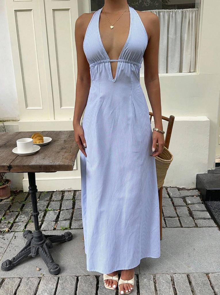 European and American lace-up striped suit women's new halter holiday wind beach dress dress