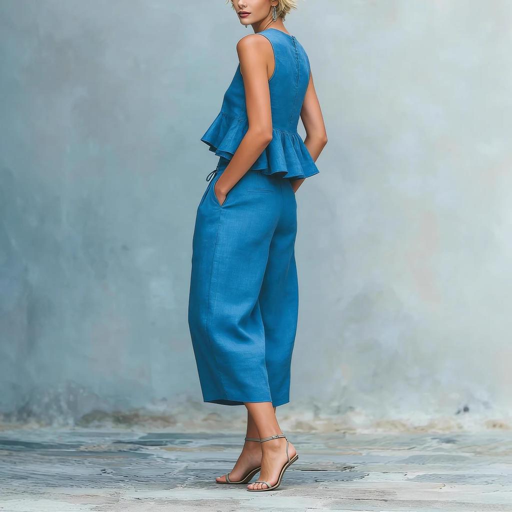 Womens Blue Sleeveless Crop Top with Ruffle Hem and Wide Leg Tie Waist Pants Set