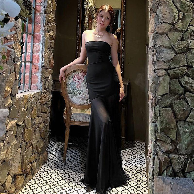 and American Style Foreign Trade Long Dress for Travel and Vacation Photoshoots, Sexy Off-Shoulder Strapless Waist-Cinching Mesh Mermaid Dress