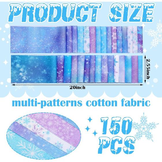Ganeen 150 Pcs Winter Quilting Fabric Roll 2.56 Inch Snowflake Printed Fabric Squares Jelly Frozen Patchwork Strips for DIY Crafts Sewing Handmade