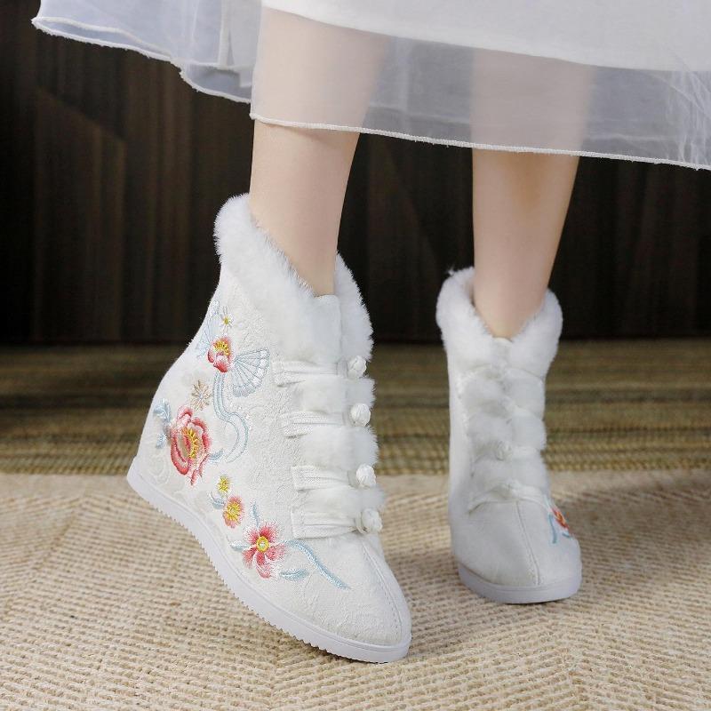 Women's Winter Warm Casual Ankle Boots Anti Slip Fleece Lined Snow Boots High-Top Shoes Comfortable Embroidered Faux Fur Lined Short Booties for Women