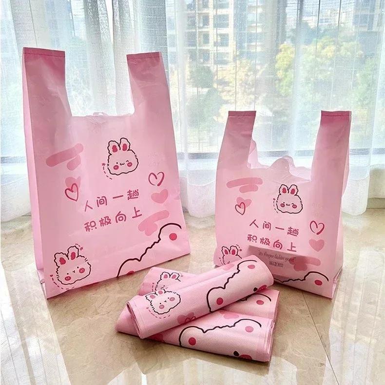 Handheld Plastic Bag Pink Cartoon Rabbit Pattern Shopping Mall Shopping Packing Bag Food Dessert Biscuit Packing Handle Bags