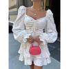 Vintage Puff Long Sleeve White Dress for Women Elegant Square Collar Women's Dress Cotton Short Dress
