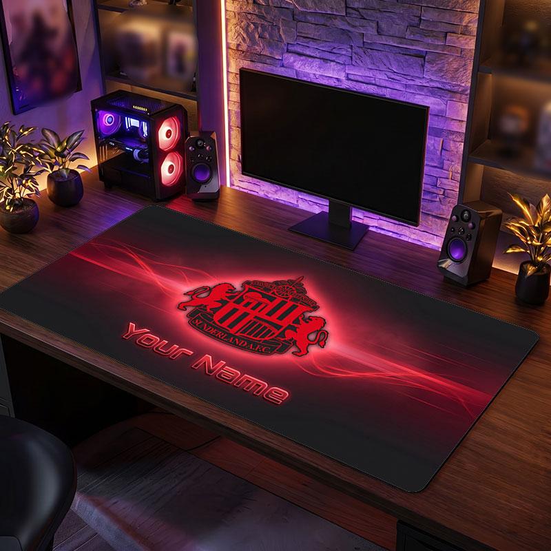 Sunderland FC Custom Large Mouse Pad, Personalized Name Text Print, Football Logo Non‑Slip Desk Mat Gaming Gift
