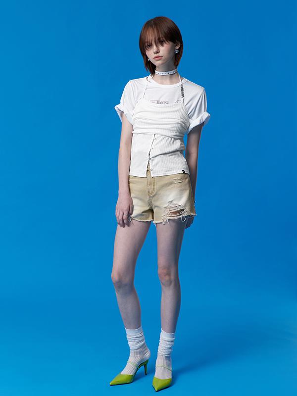 KIRSH Collection Damaged Short Denim Pants [Beige]