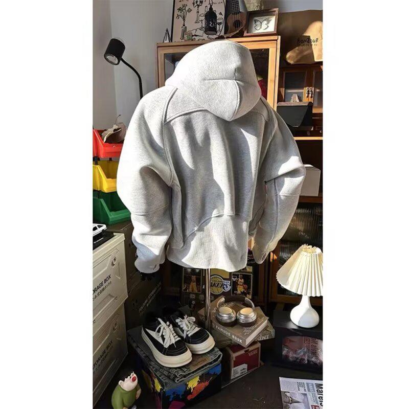 Men's Trendy Grey Half-Zip Stand Collar Hoodie: Deconstructed Design, Heavyweight American Style Sweatshirt