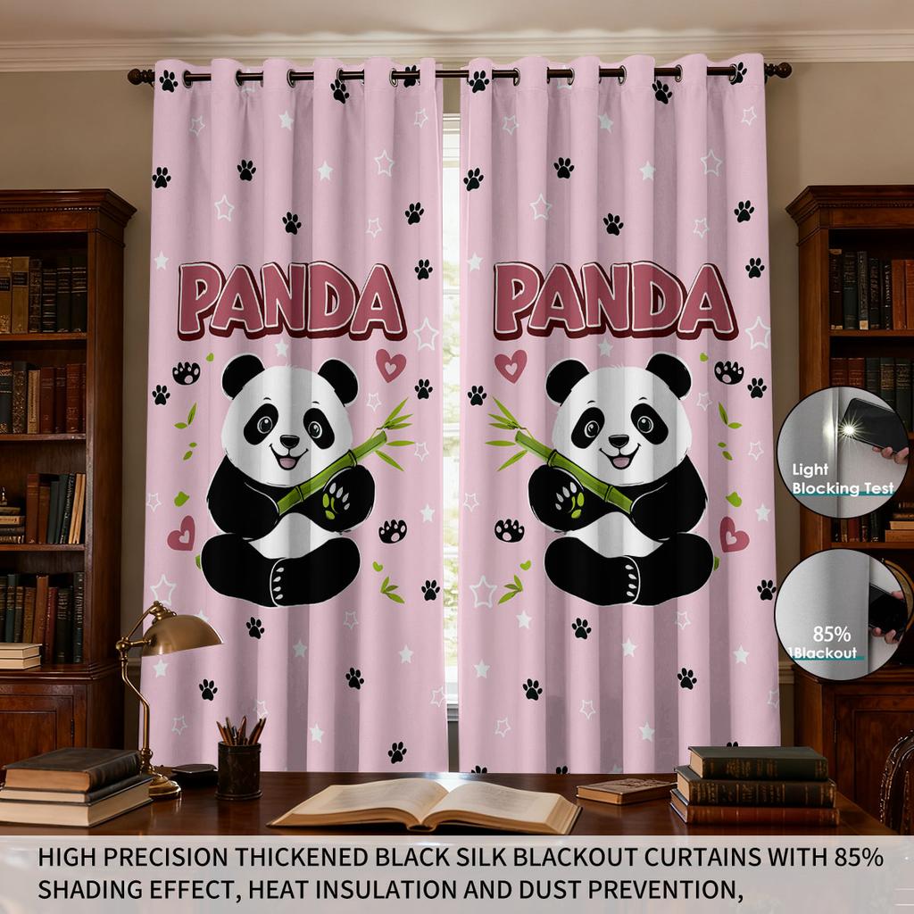 Set Of 2 Pink Heart Shaped Panda Print Perforated Curtains Multiple Sizes Living Room Insulation Decoration Easy Install Curtain Darkening Polyester