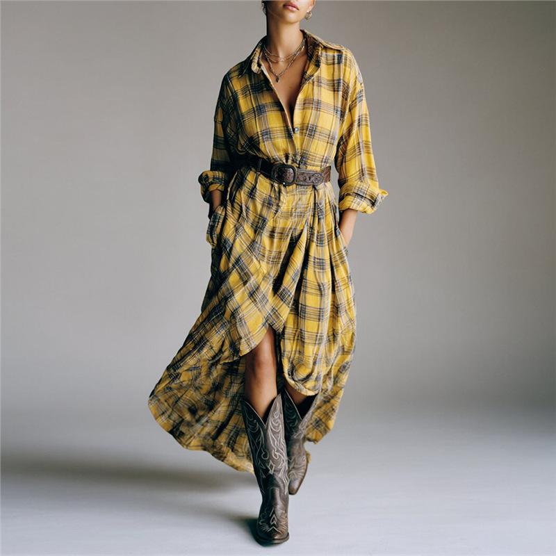 Women's Collared Long Sleeve Plaid Shirt Dress Loose High Waist Vintage Maxi Dress
